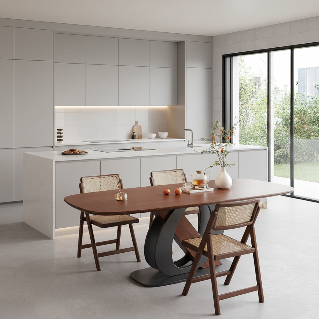 Modern Wooden Oval Dining Table With Ring Metal Pedestal Base For Dining Room