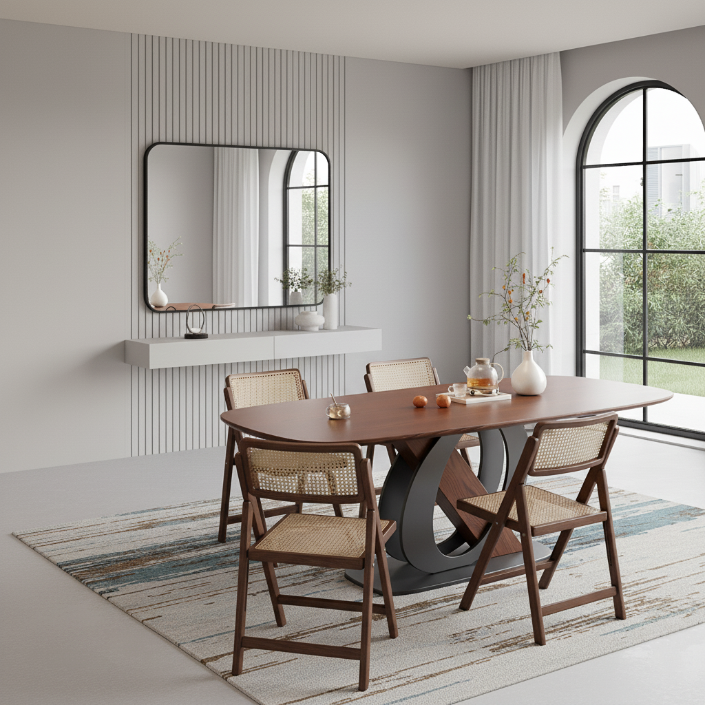 Modern Wooden Oval Dining Table With Ring Metal Pedestal Base For Dining Room