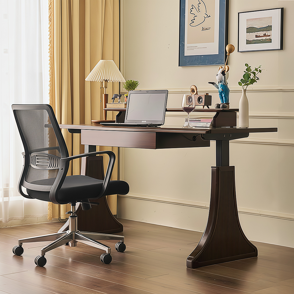 Modern Wooden Pedestal Standing Desk With Raised Shelf For Home Office