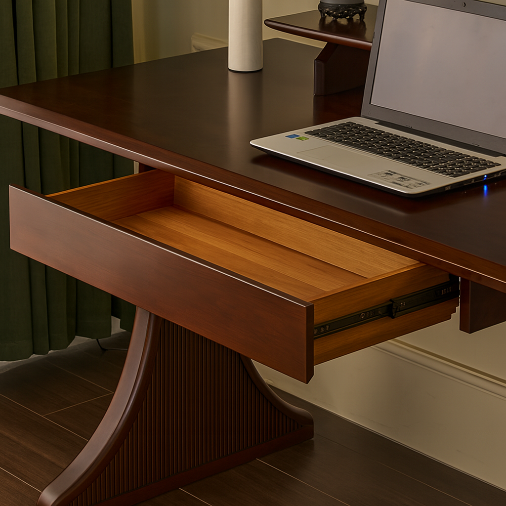 Modern Wooden Pedestal Standing Desk With Raised Shelf For Home Office