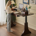 Modern Wooden Pedestal Standing Desk With Raised Shelf For Home Office