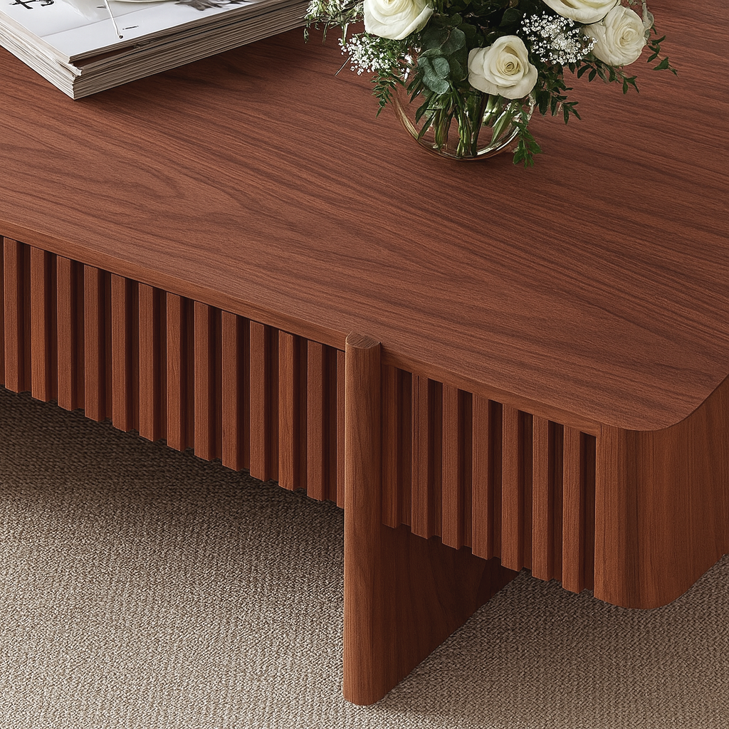 Modern Wooden Rectangular Coffee Table With Fluted Detail For Living Room