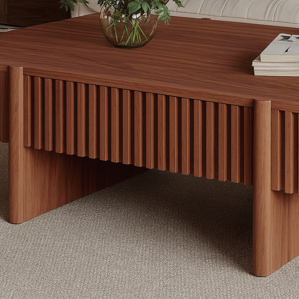 Modern Wooden Rectangular Coffee Table With Fluted Detail For Living Room