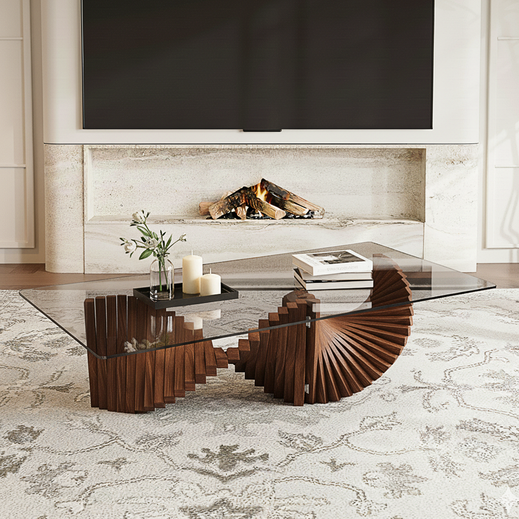 Modern Wooden Rectangular Coffee Table With Glass Top For Living Room