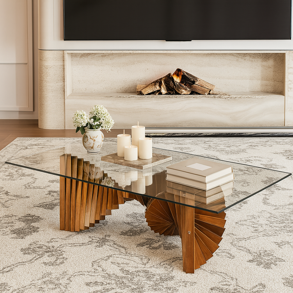 Modern Wooden Rectangular Coffee Table With Glass Top For Living Room