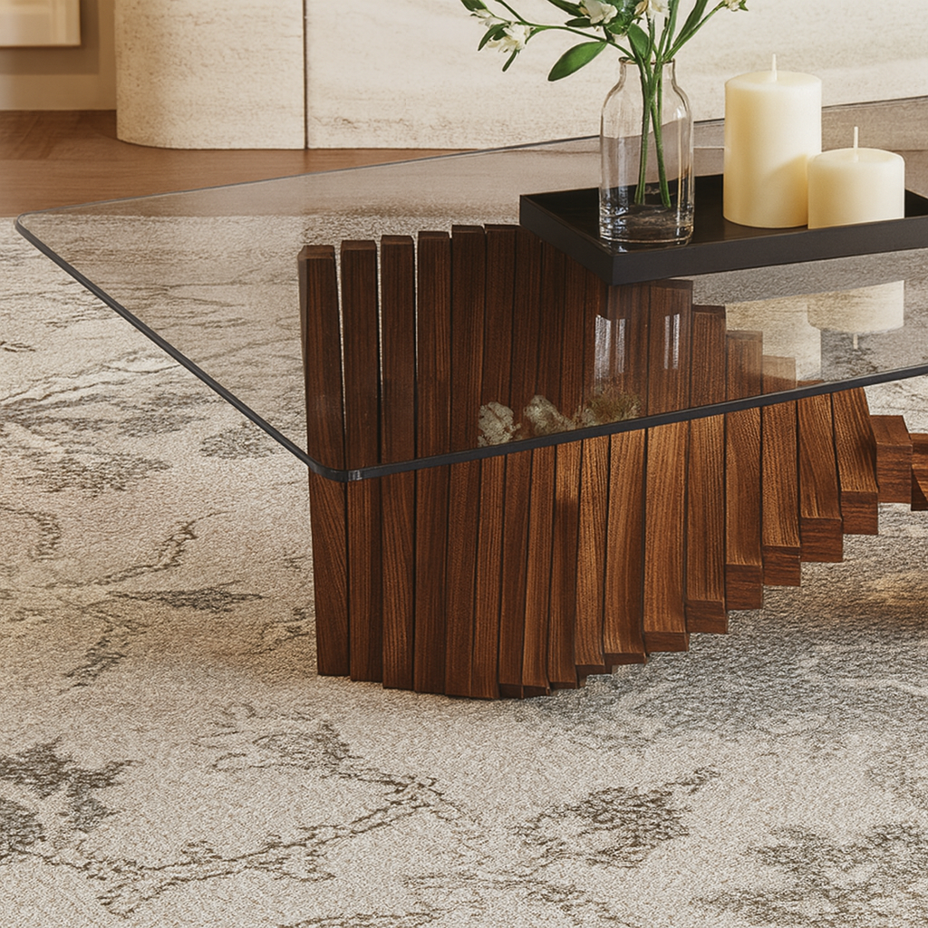 Modern Wooden Rectangular Coffee Table With Glass Top For Living Room