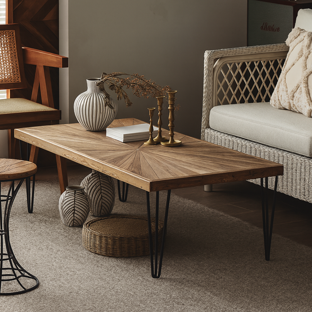 Modern Wooden Rectangular Coffee Table With Hairpin Legs For Living Room