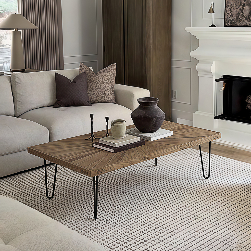 Modern Wooden Rectangular Coffee Table With Hairpin Legs For Living Room