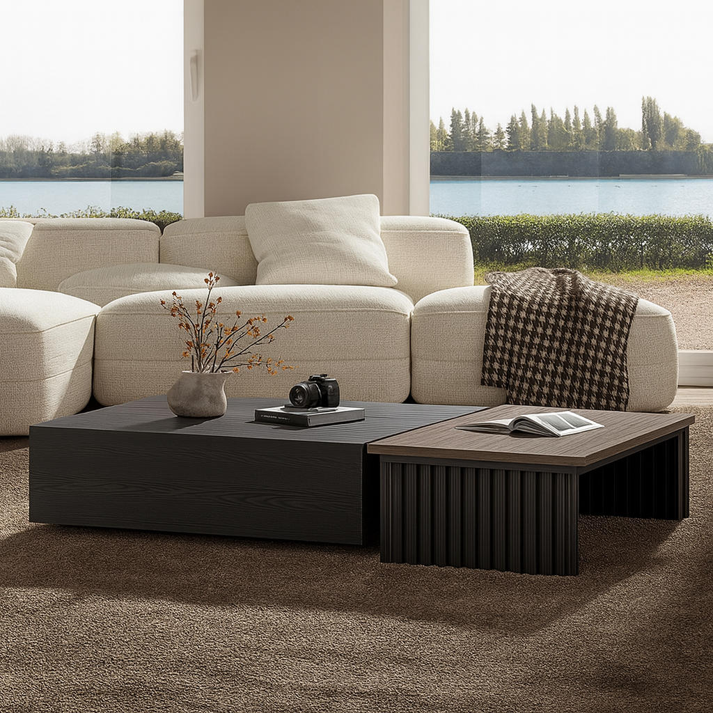 Modern Wooden Rectangular Coffee Table With Ribbed Base For Living Room