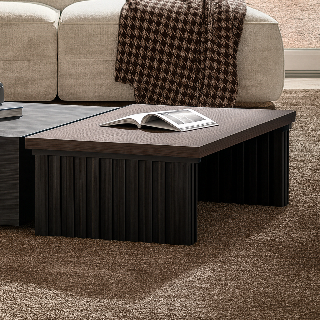 Modern Wooden Rectangular Coffee Table With Ribbed Base For Living Room