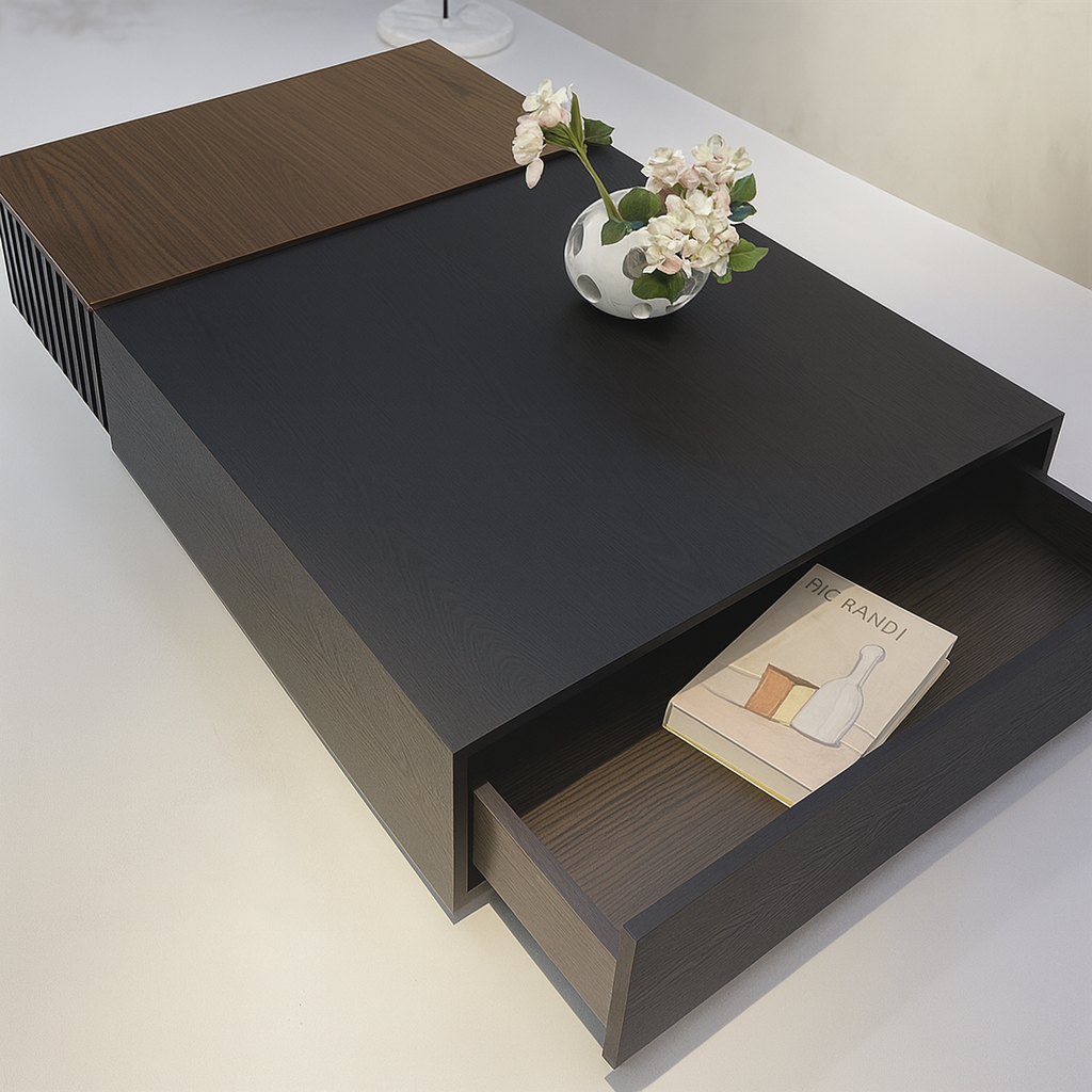 Modern Wooden Rectangular Coffee Table With Ribbed Base For Living Room