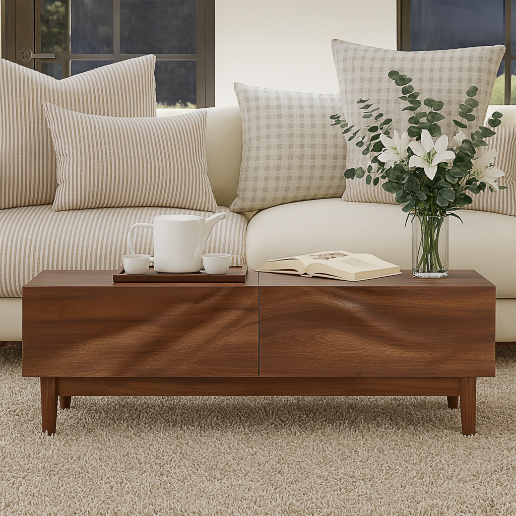 Modern Wooden Rectangular Coffee Table With Textured Front For Living Room