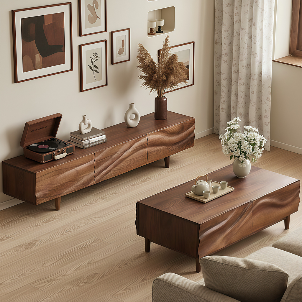 Modern Wooden Rectangular Coffee Table With Textured Front For Living Room