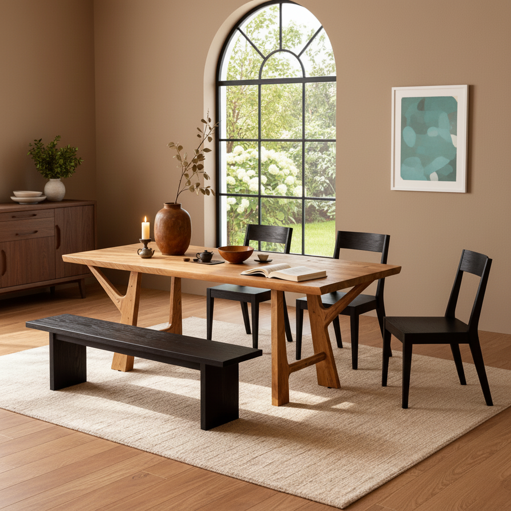 Modern Wooden Rectangular Dining Table With Angled Trestle Legs For Dining Room