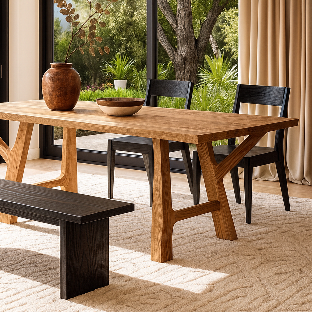 Modern Wooden Rectangular Dining Table With Angled Trestle Legs For Dining Room