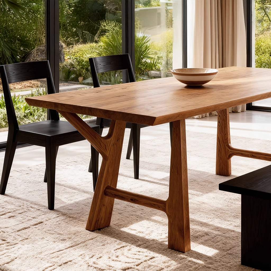 Modern Wooden Rectangular Dining Table With Angled Trestle Legs For Dining Room