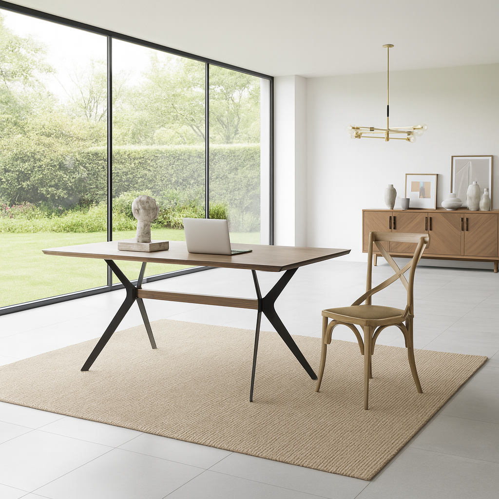 Modern Wooden Rectangular Dining Table With Metal Cross Legs For Dining Room