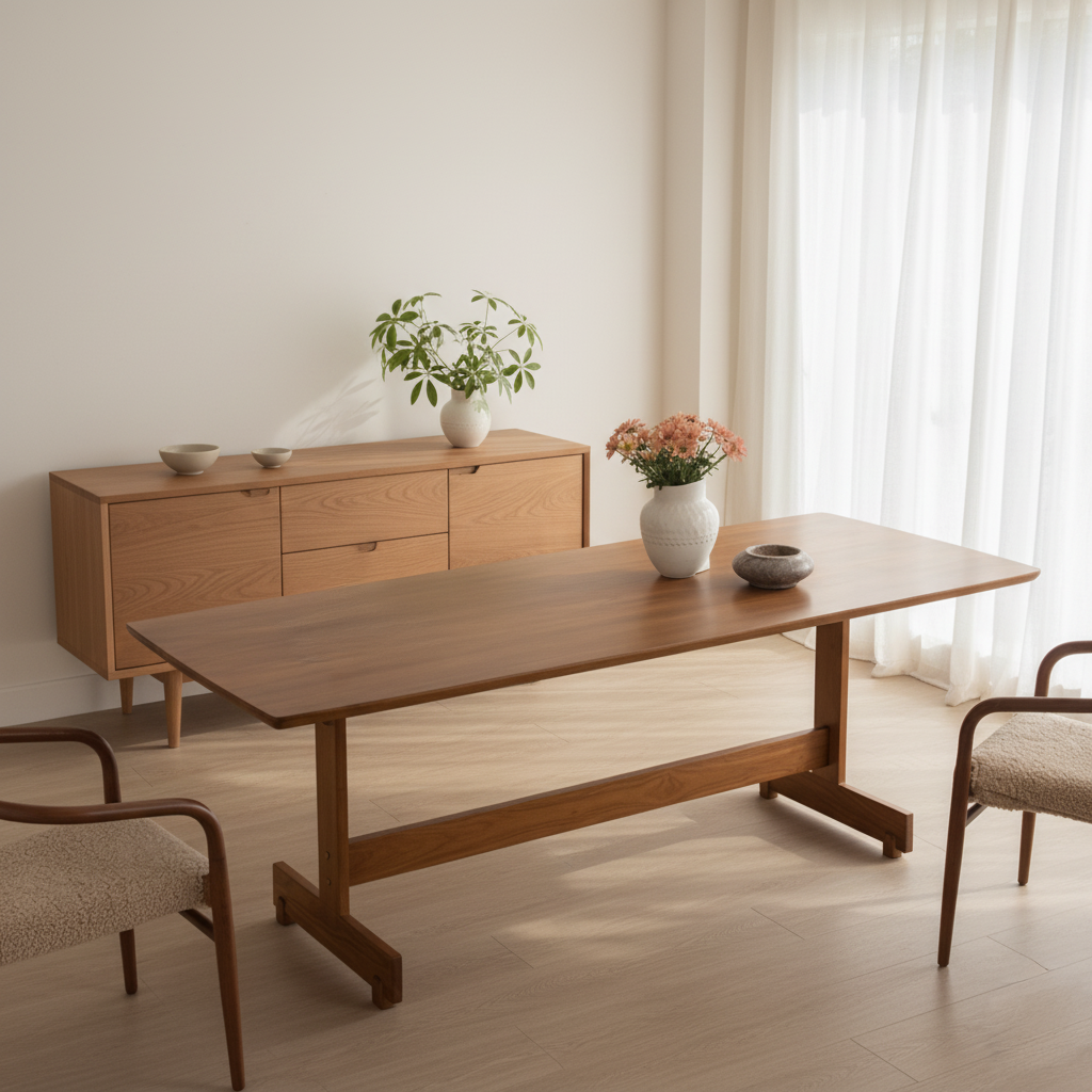 Modern Wooden Rectangular Dining Table With Stretcher Base For Dining Room