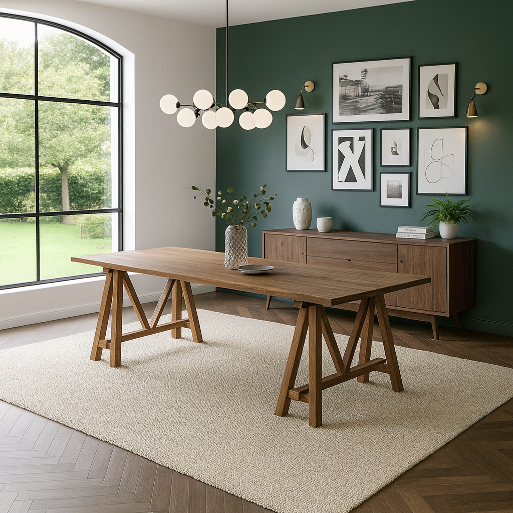 Modern Wooden Rectangular Dining Table With Trestle Base For Dining Room