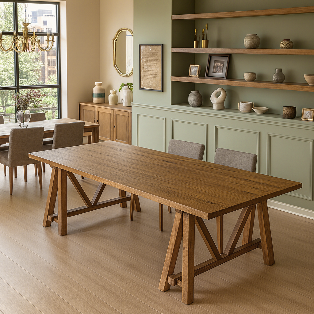 Modern Wooden Rectangular Dining Table With Trestle Base For Dining Room