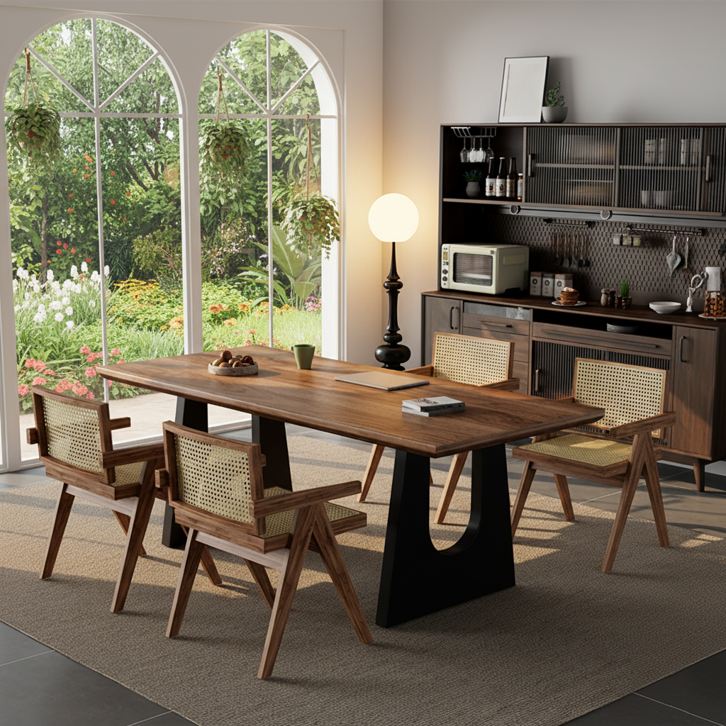 Modern Wooden Rectangular Dining Table With U Shaped Metal Base For Dining Room