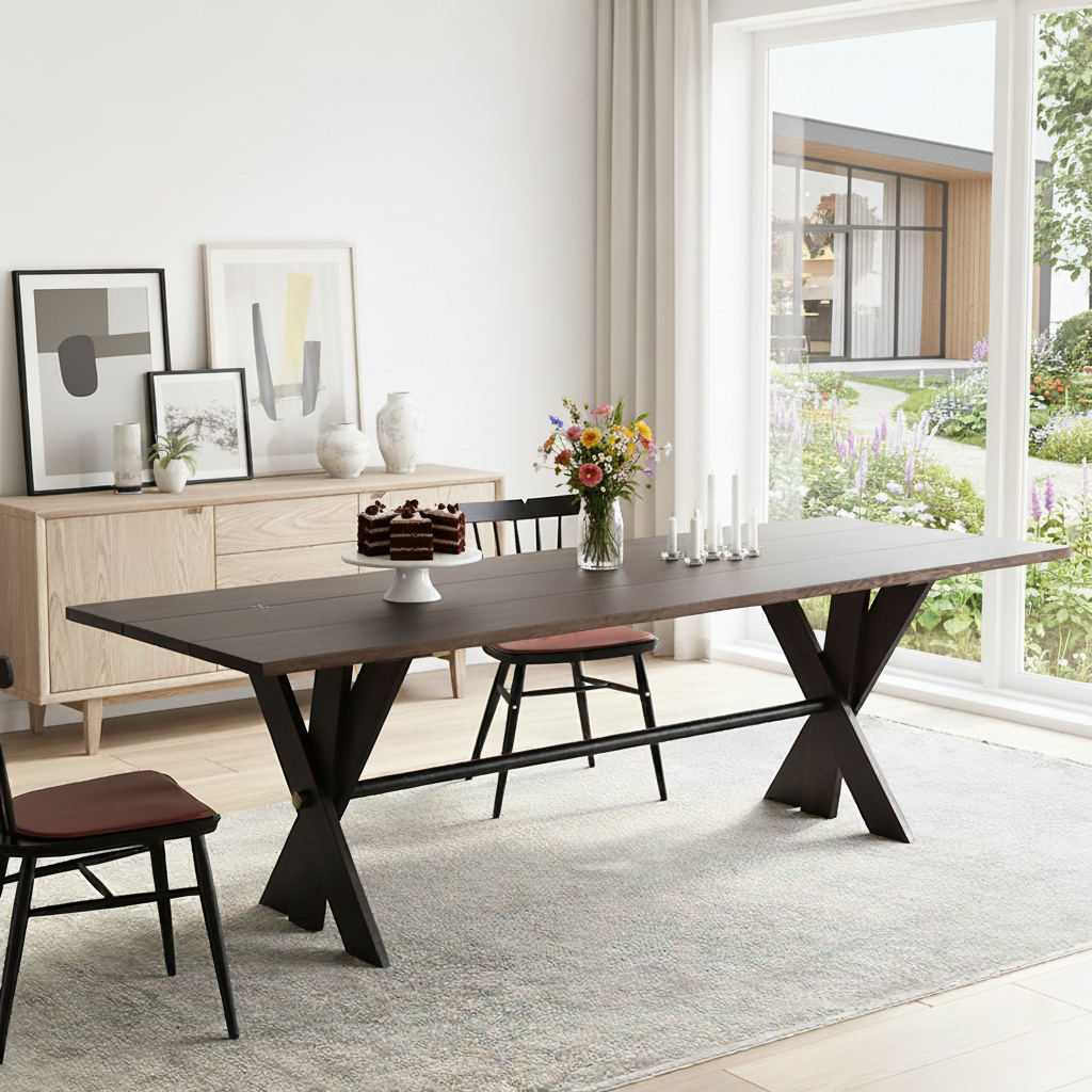 Modern Wooden Rectangular Dining Table With X Metal Legs For Dining Room