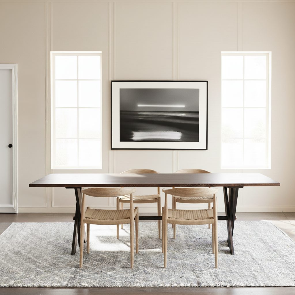 Modern Wooden Rectangular Dining Table With X Metal Legs For Dining Room