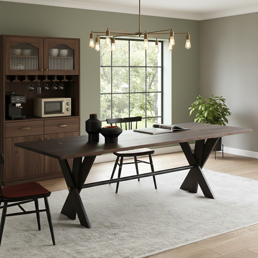Modern Wooden Rectangular Dining Table With X Metal Legs For Dining Room