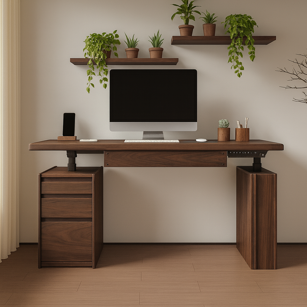 Modern Wooden Rectangular Height Adjustable Desk With Storage Drawers For Home Office
