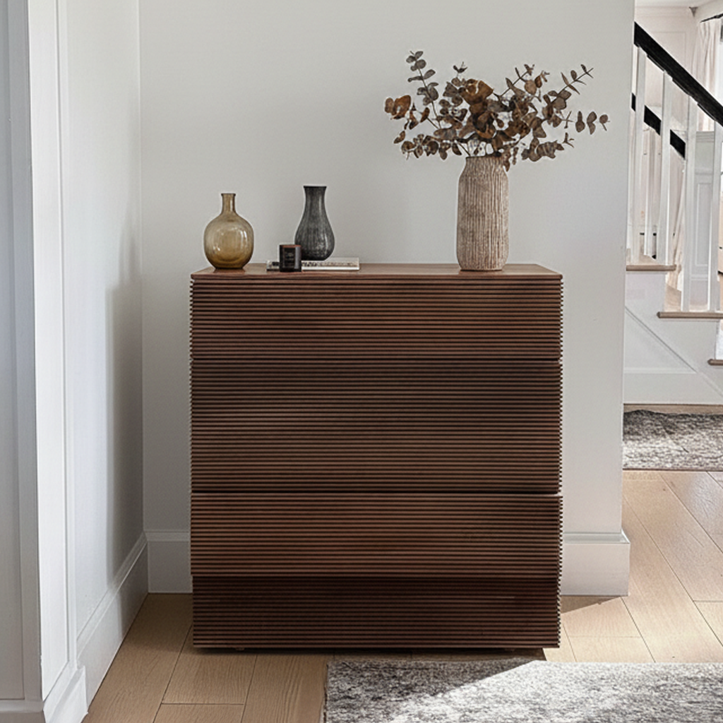 Modern Wooden Ribbed Drawer Dresser Cabinet For Bedroom