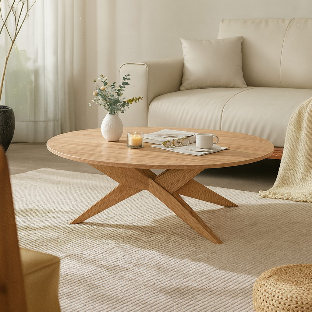 Modern Wooden Round Coffee Table With Sculpted Cross Base