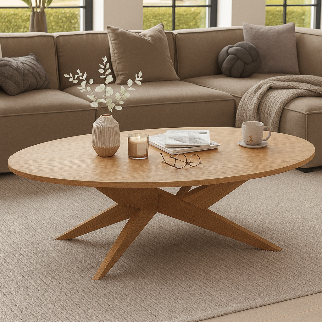 Modern Wooden Round Coffee Table With Sculpted Cross Base