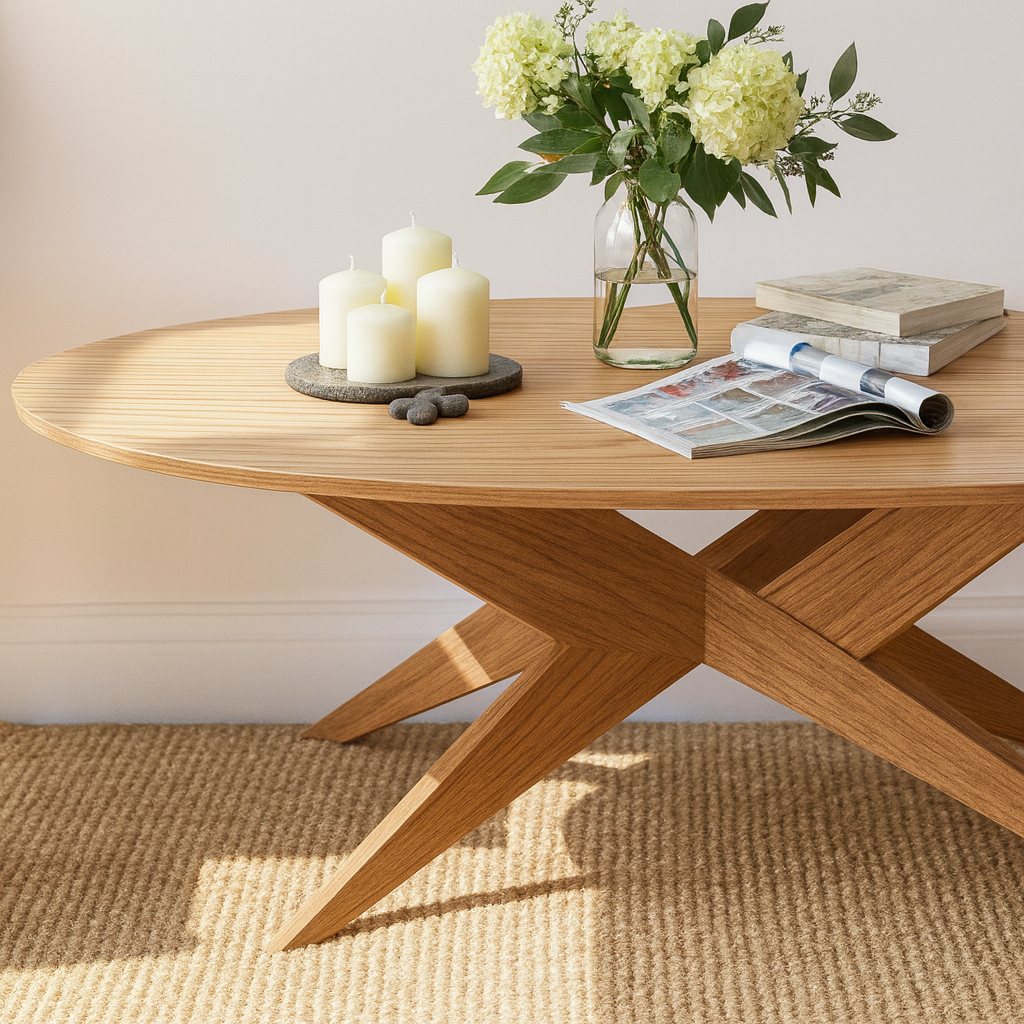 Modern Wooden Round Coffee Table With Sculpted Cross Base