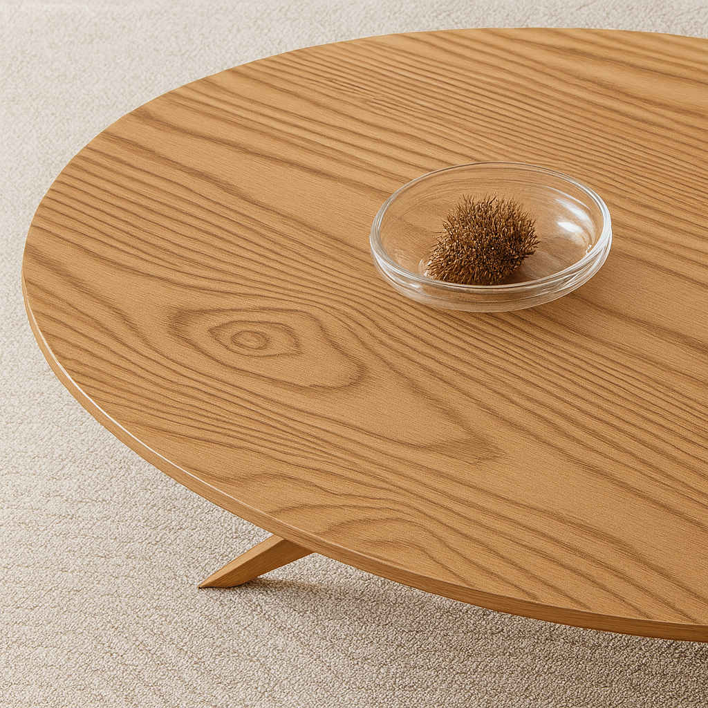 Modern Wooden Round Coffee Table With Sculpted Cross Base