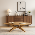 Modern Wooden Round Coffee Table With Sculpted Cross Base