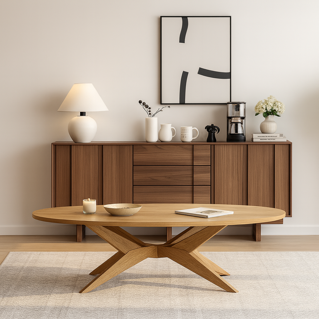 Modern Wooden Round Coffee Table With Sculpted Cross Base