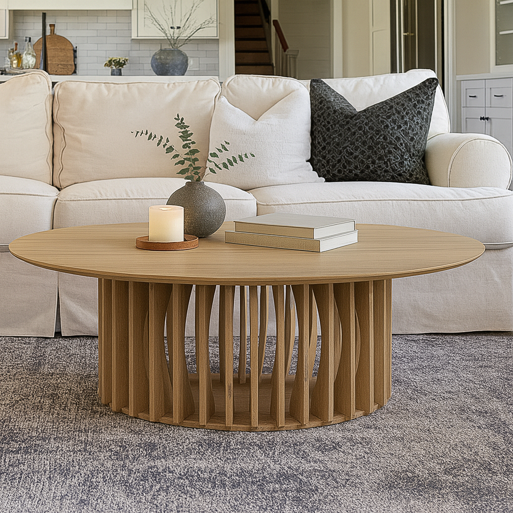 Modern Wooden Round Coffee Table With Slatted Pedestal Base For Living Room