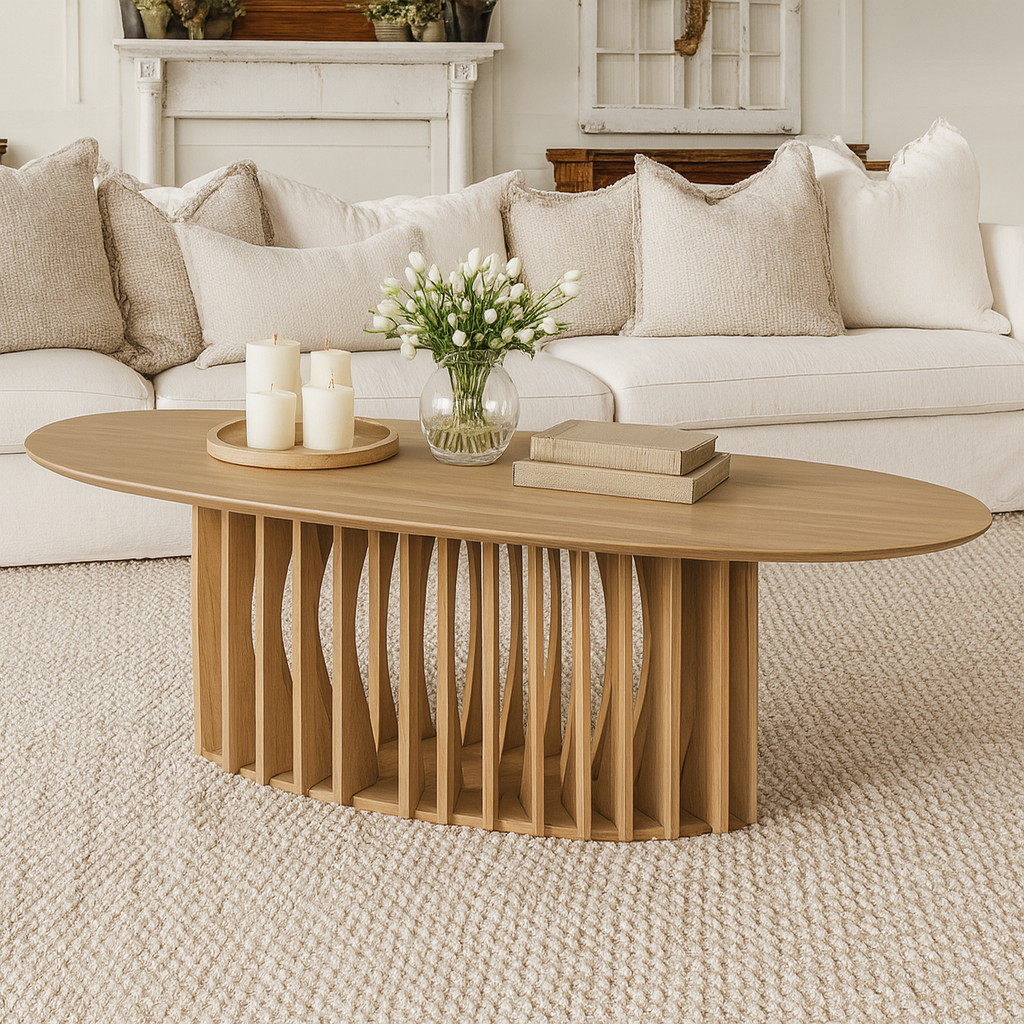 Modern Wooden Round Coffee Table With Slatted Pedestal Base For Living Room