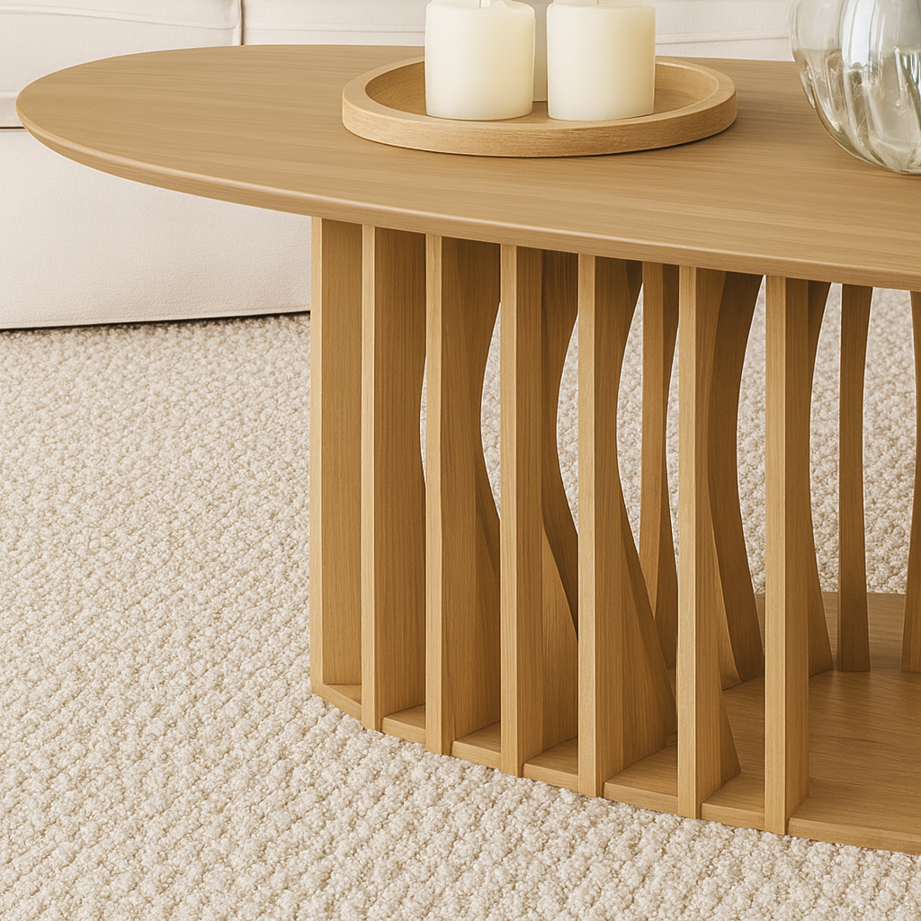 Modern Wooden Round Coffee Table With Slatted Pedestal Base For Living Room