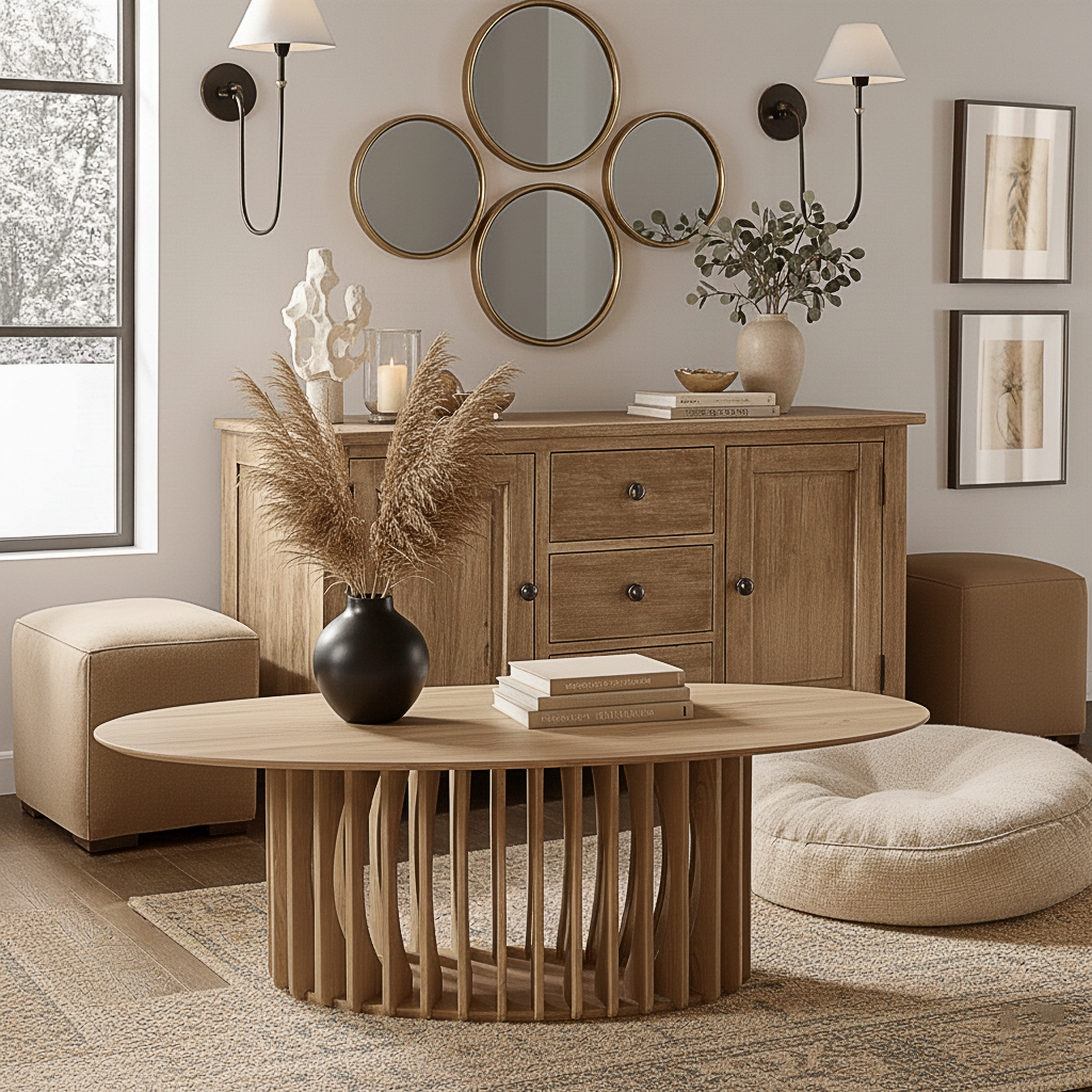 Modern Wooden Round Coffee Table With Slatted Pedestal Base For Living Room