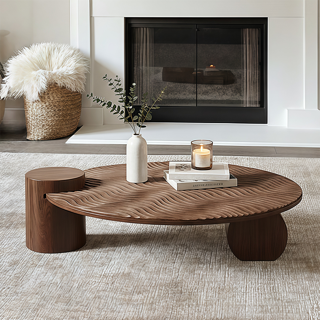 Modern Wooden Round Coffee Table With Textured Top