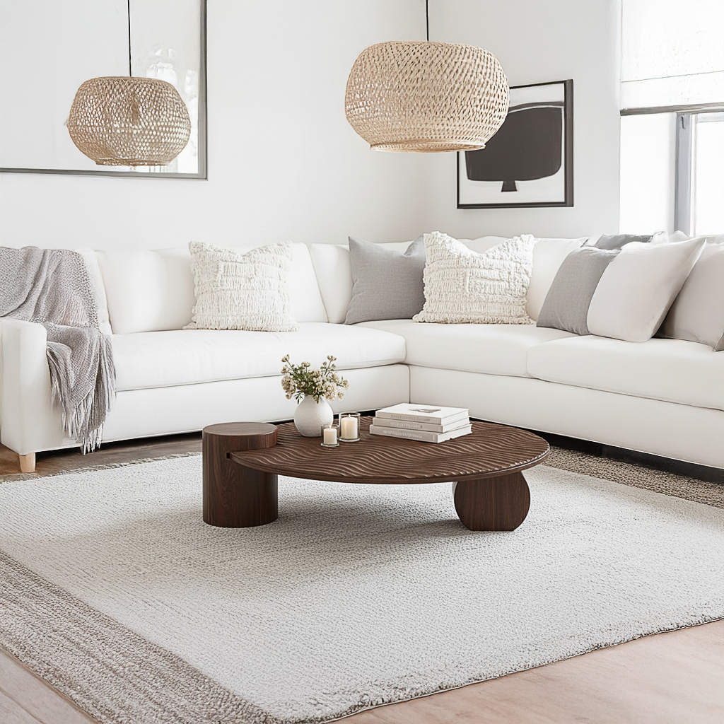 Modern Wooden Round Coffee Table With Textured Top