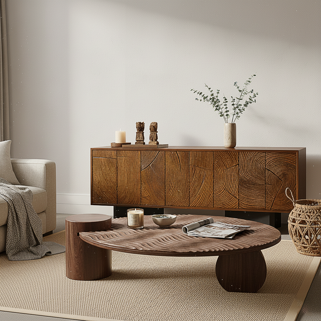 Modern Wooden Round Coffee Table With Textured Top