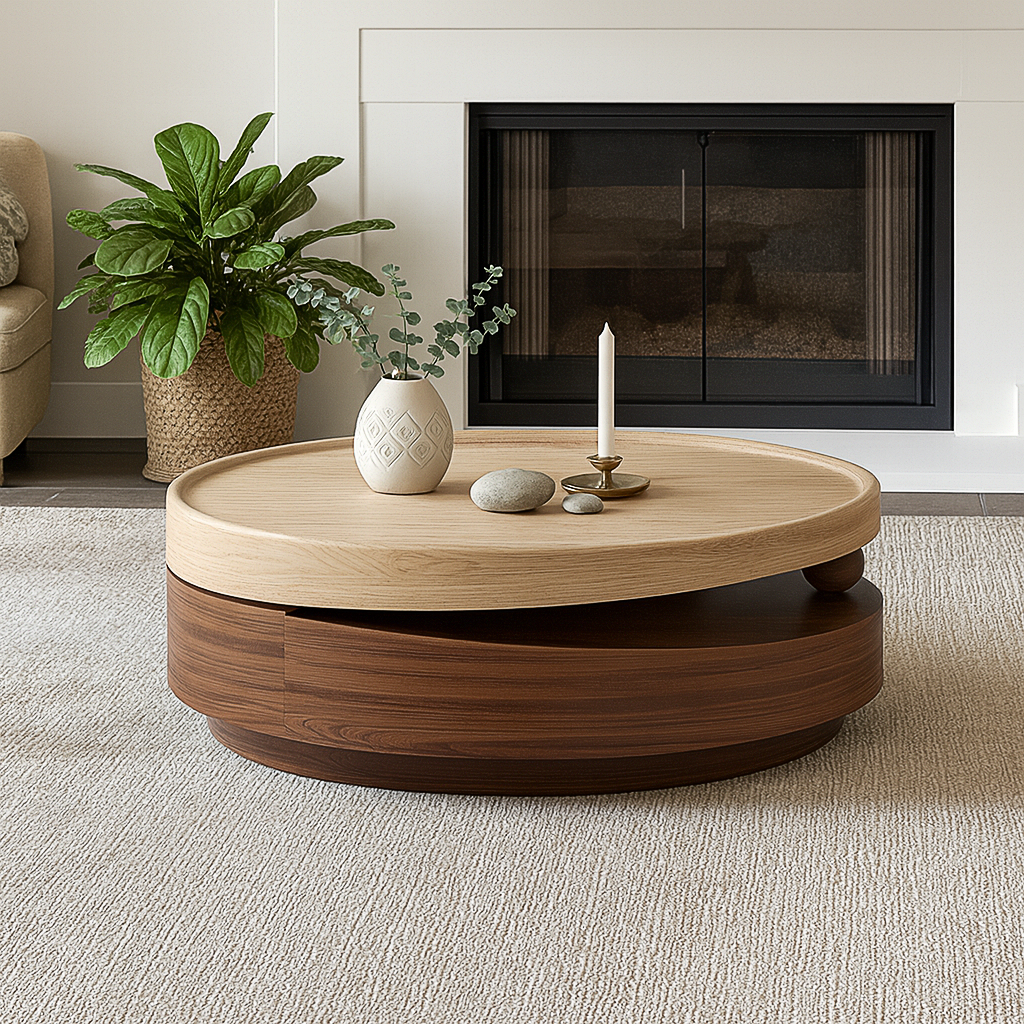 Modern Wooden Round Coffee Table With Two-Tone Layered Base For Living Room