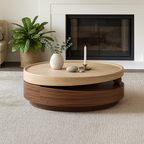 Modern Wooden Round Coffee Table With Two-Tone Layered Base For Living Room