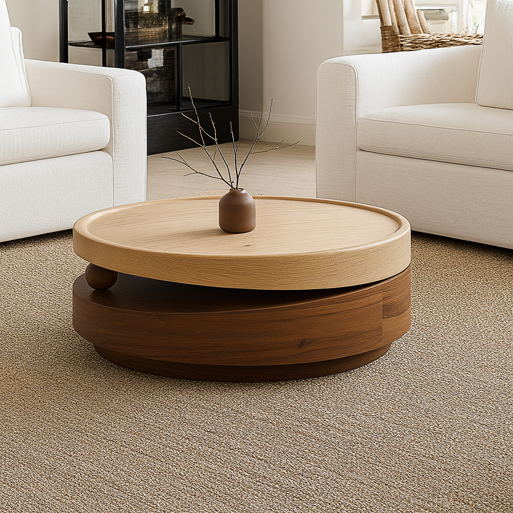 Modern Wooden Round Coffee Table With Two-Tone Layered Base For Living Room