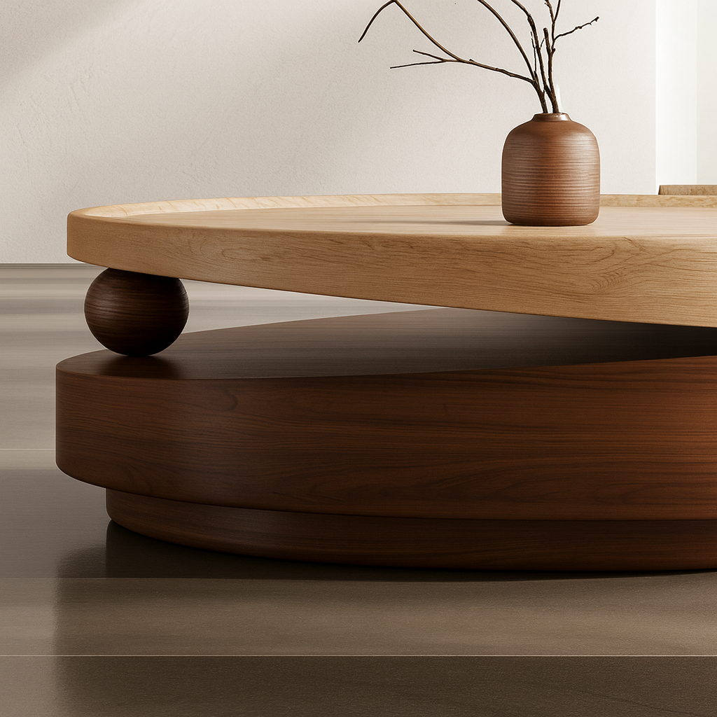 Modern Wooden Round Coffee Table With Two-Tone Layered Base For Living Room