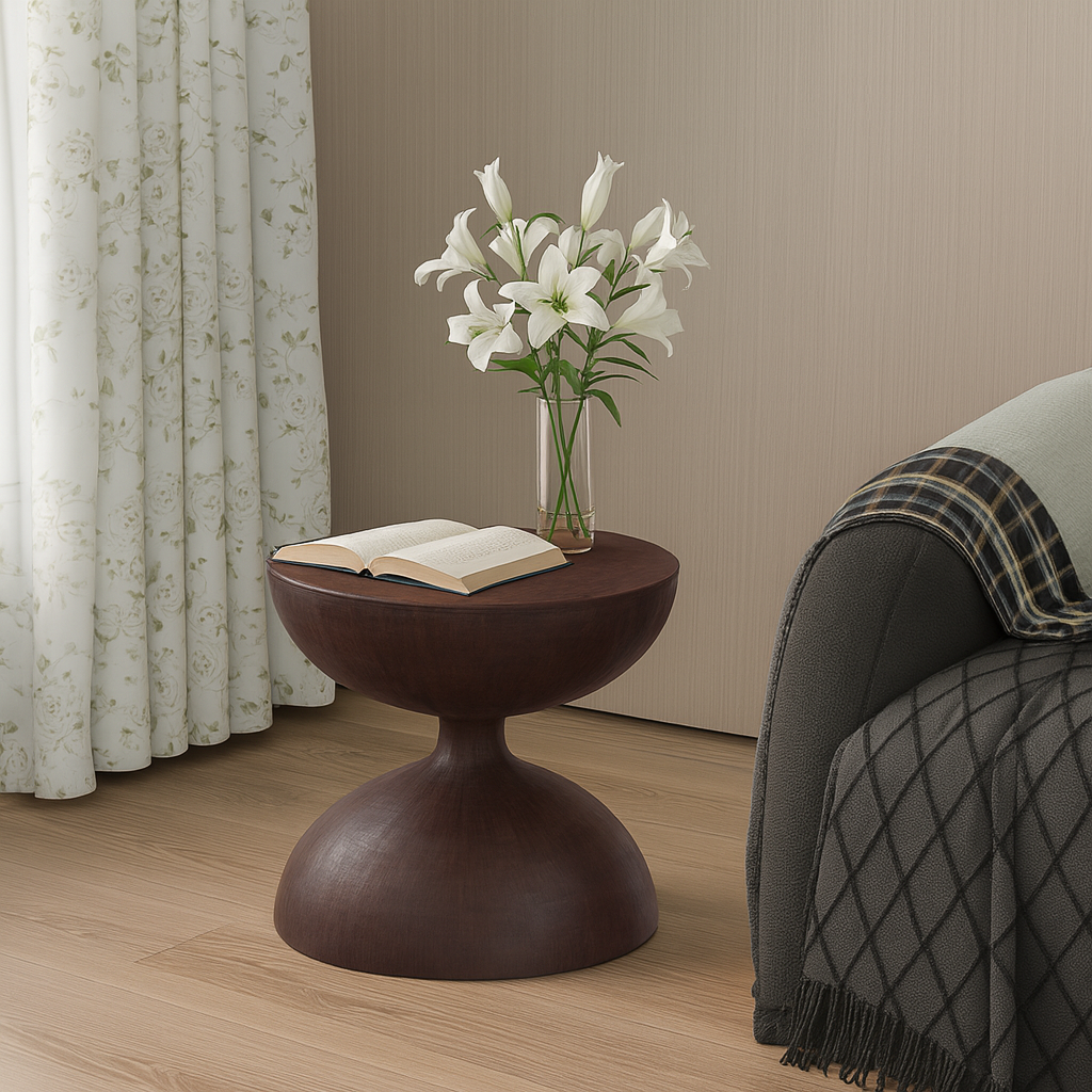 Modern Wooden Round Side Table With Hourglass Base For Living Room