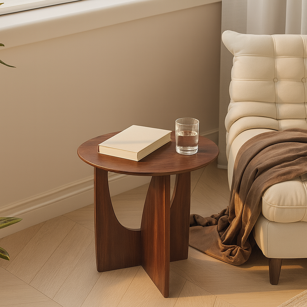 Modern Wooden Round Side Table With Sculptural Cut-Out Base