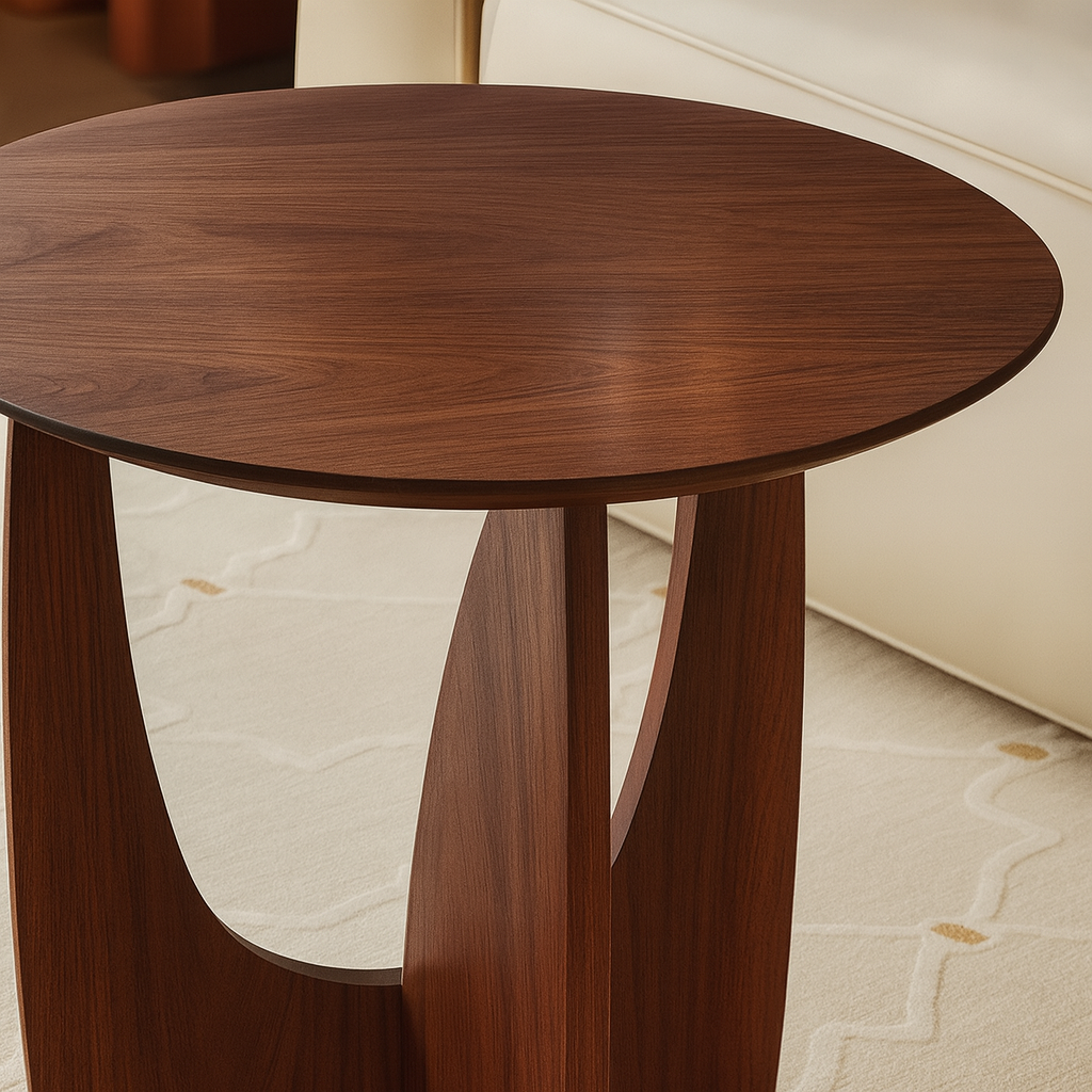 Modern Wooden Round Side Table With Sculptural Cut-Out Base